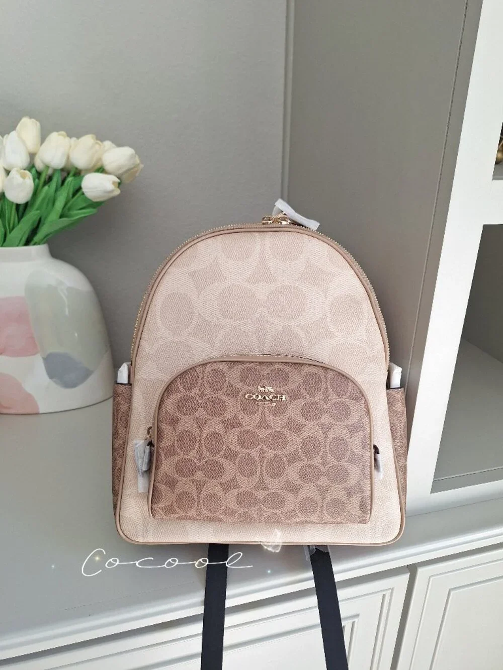 NWT Coach Court Backpack In Blocked Signature Canvas Gold/Sand/Tan Cz771